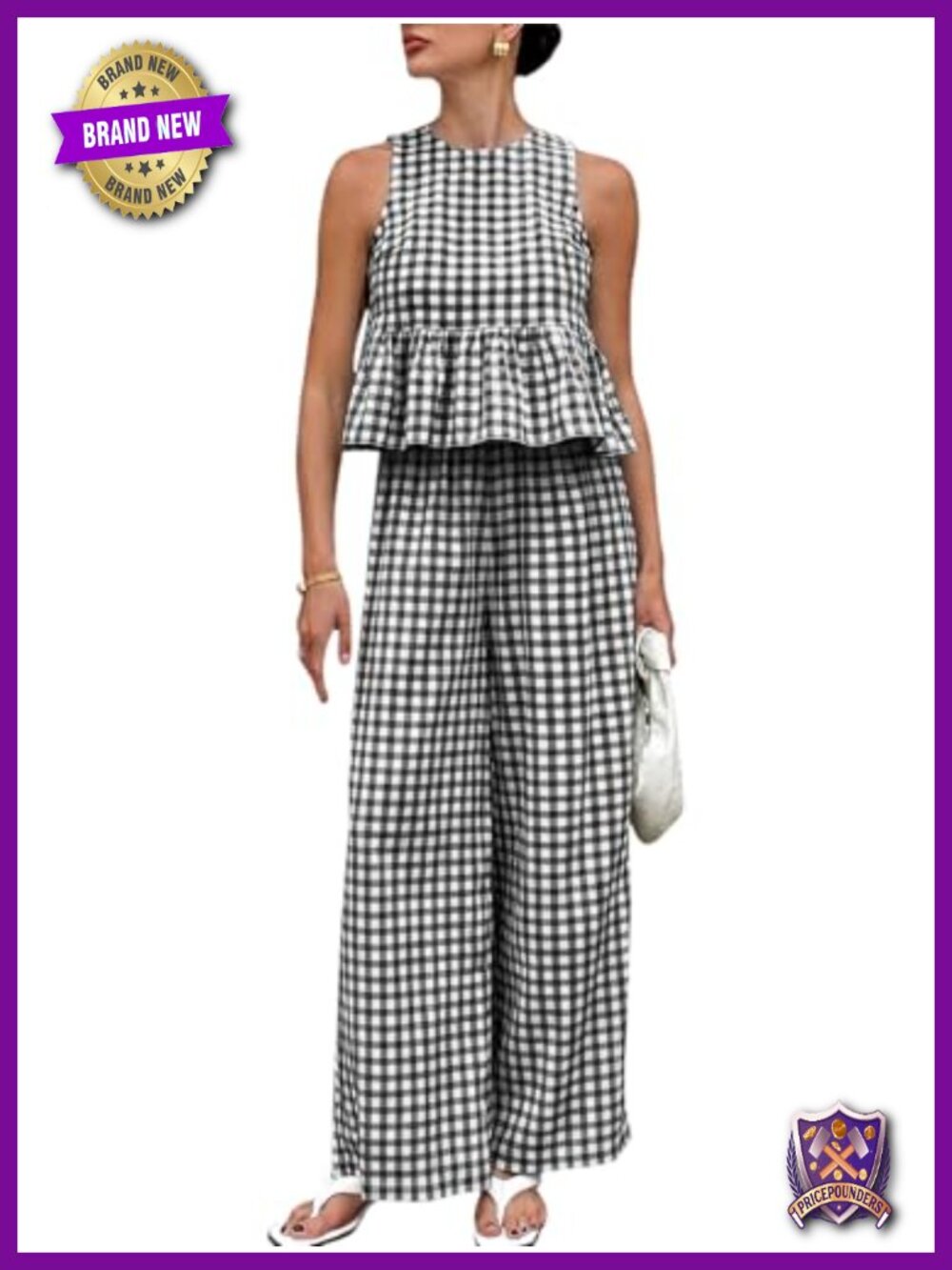 Womens Gingham 2 Piece Set Sleeveless Ruffle Tank Wide Leg Pants Cotton